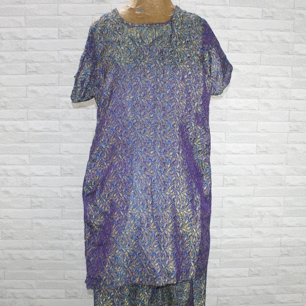 HANDMADE Kurta Set Purple Paisley Tunic Pant Orange Silver Embroidered Metallic - Picture 4 of 14